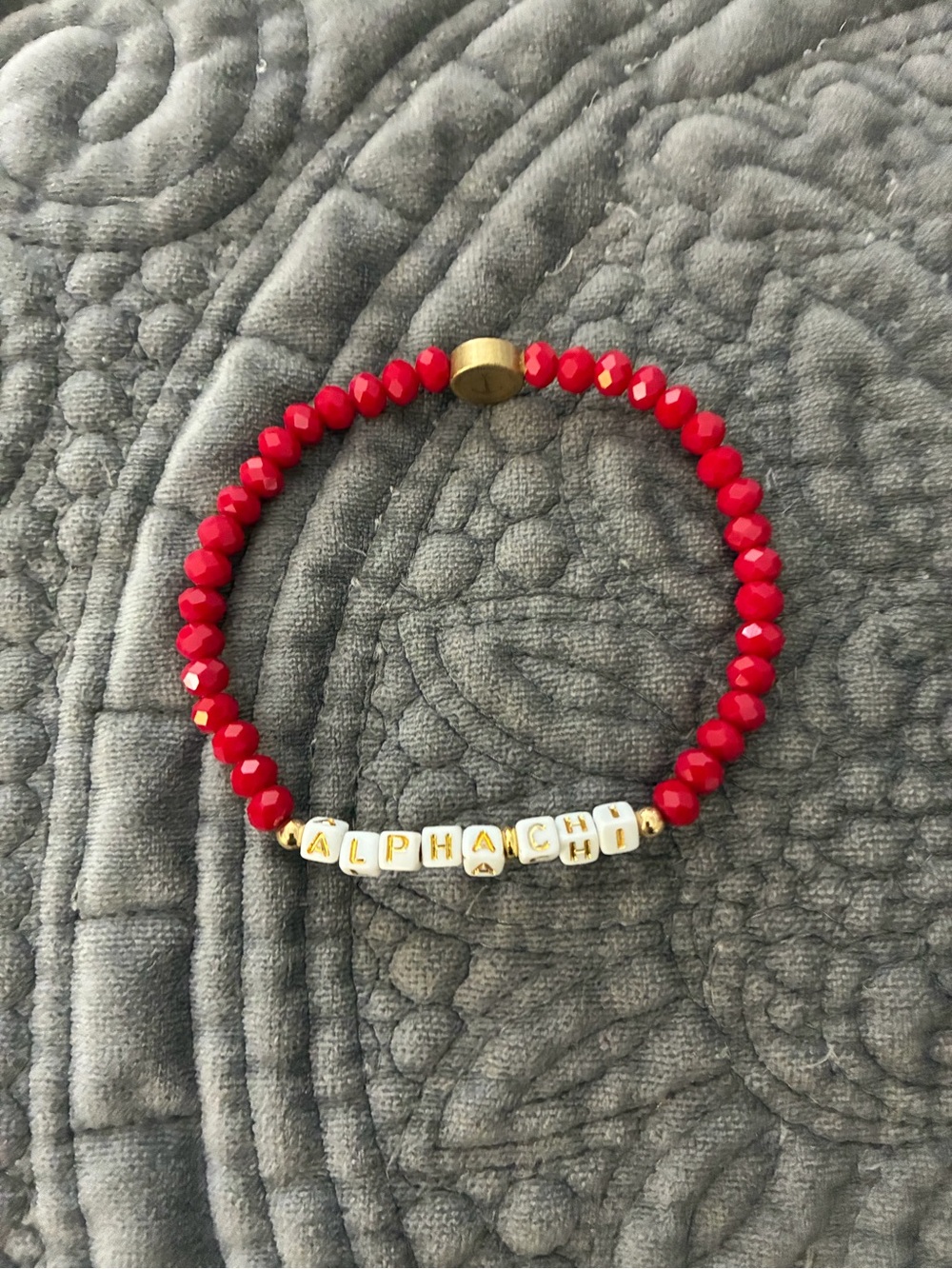 Alpha Chi Red Beaded Stretch Bracelet with Gold Accents